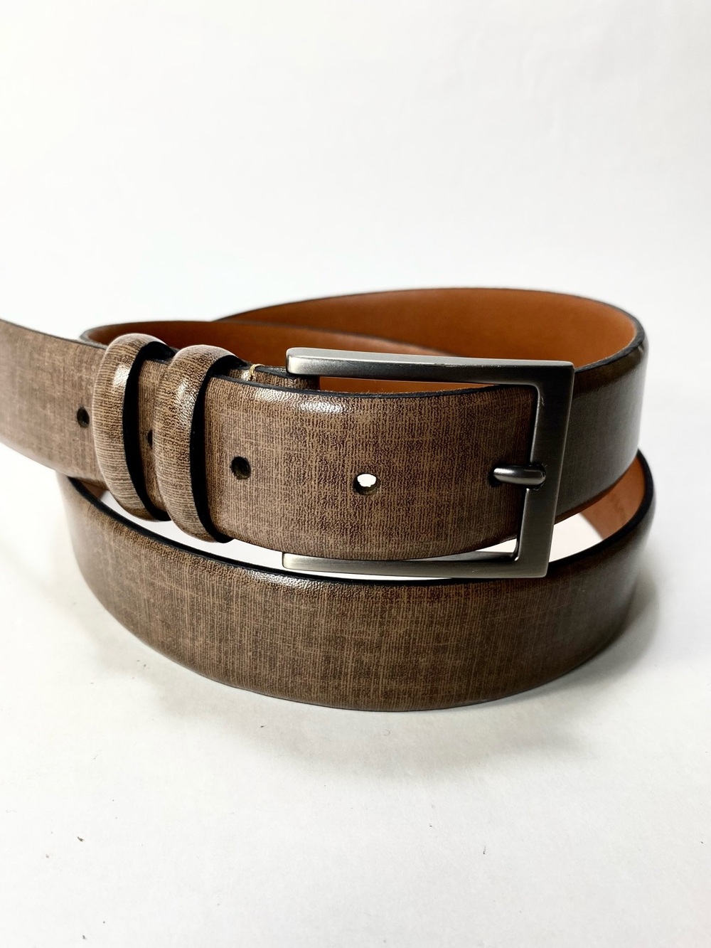 Boconi Tan Brown Leather Belt with Brushed Silver Metal Buckle 40
